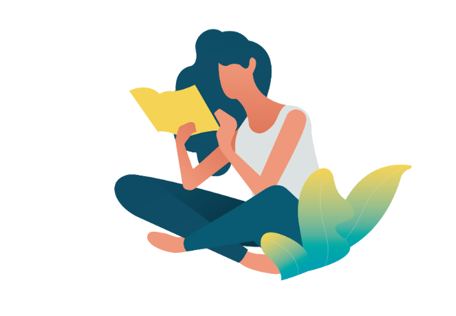 Piirretty nainen istuu lukemassa vihkoa.